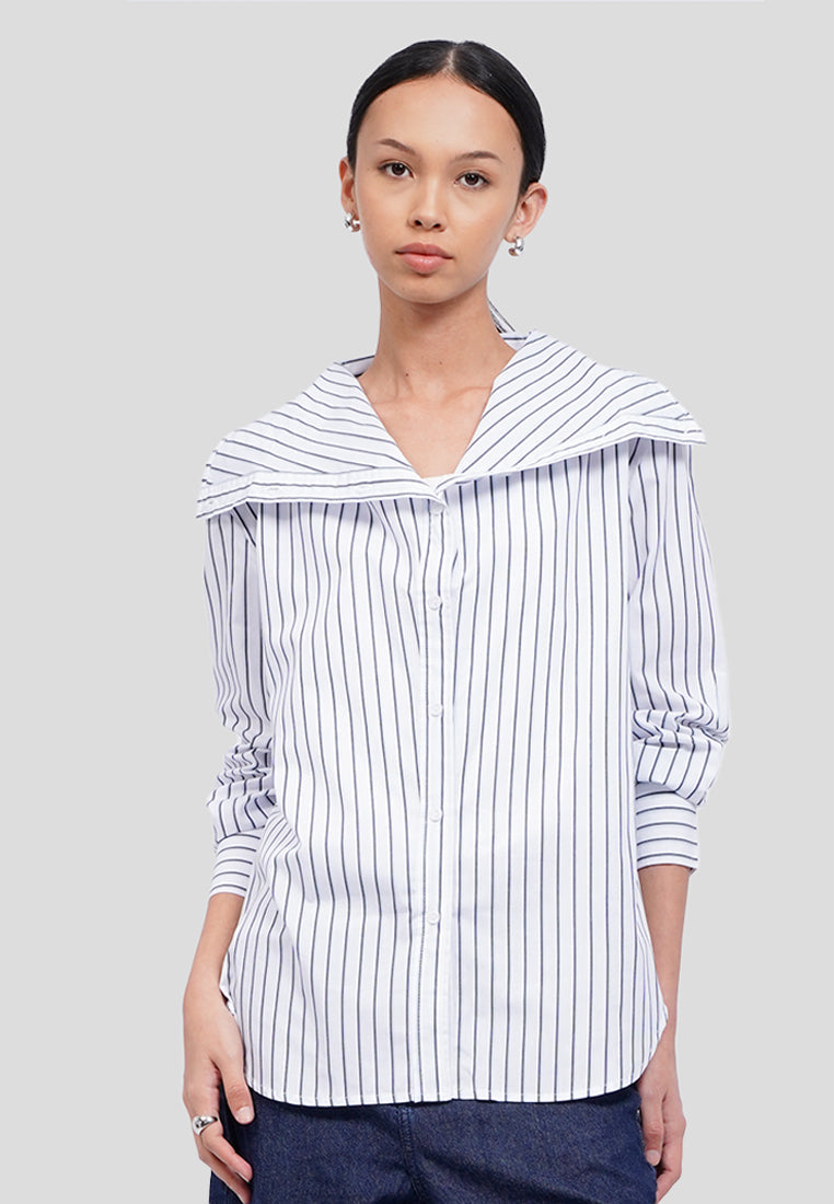 Wide Collar Stripes Long Sleeve Blouse