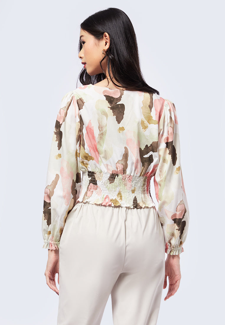 Smocked Waist Printed Crop Blouse
