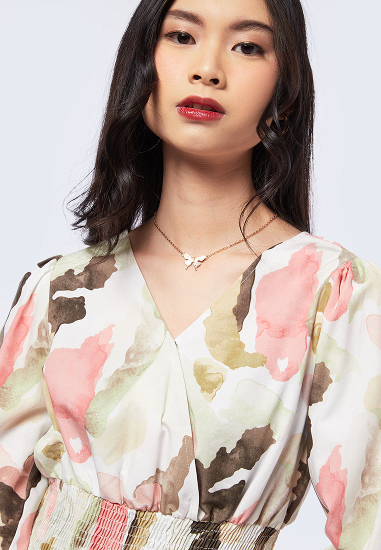 Smocked Waist Printed Crop Blouse