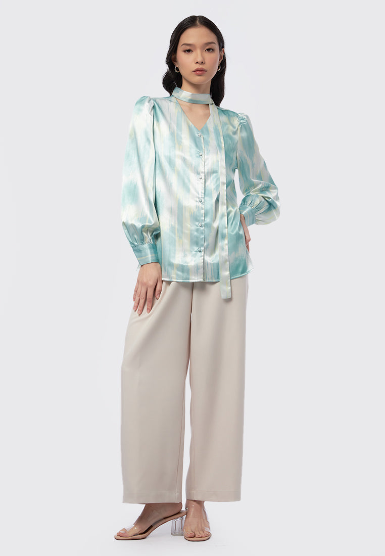 Printed V-Neck Long Sleeve Blouse
