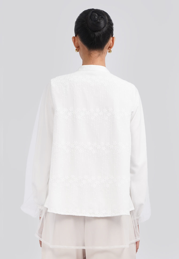 Mandarin Collar Embroidered Blouse Off White