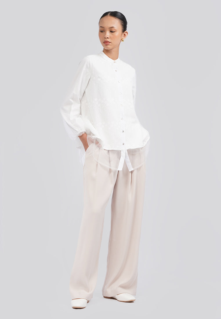 Mandarin Collar Embroidered Blouse Off White