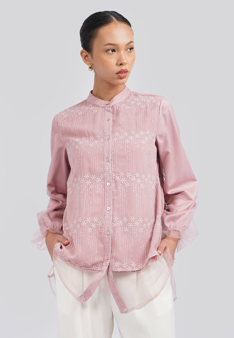 Mandarin Collar Embroidered Blouse Pink