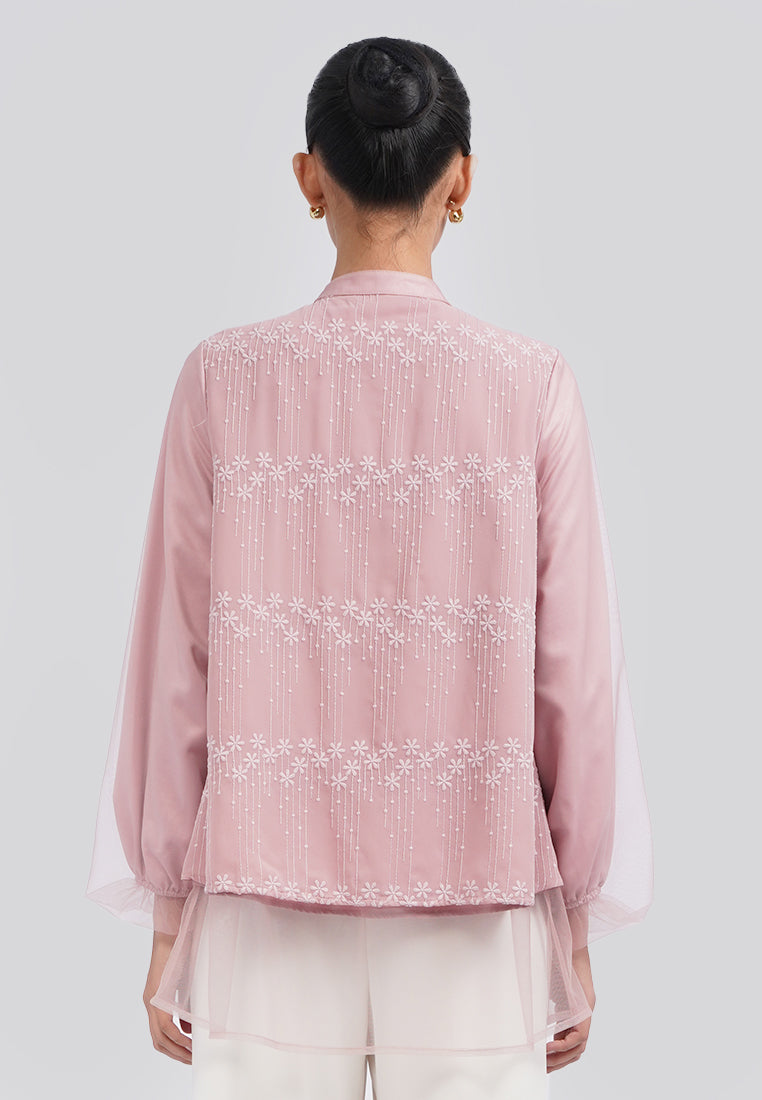 Mandarin Collar Embroidered Blouse Pink