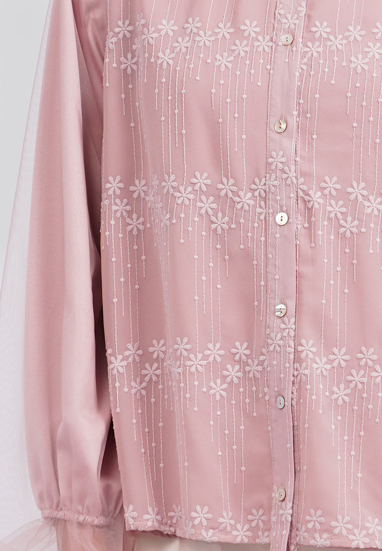 Mandarin Collar Embroidered Blouse Pink