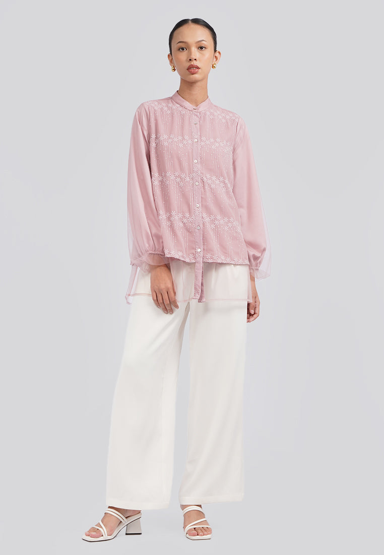 Mandarin Collar Embroidered Blouse Pink