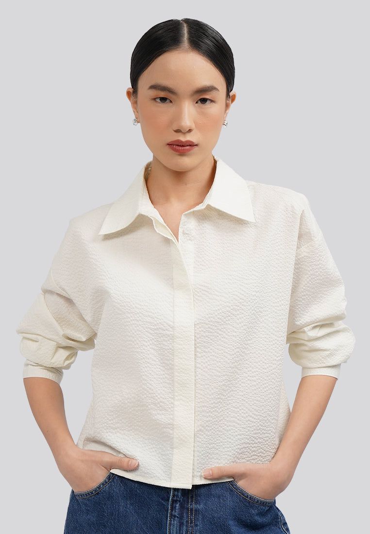Rippled Long Sleeve Crop Blouse Off White