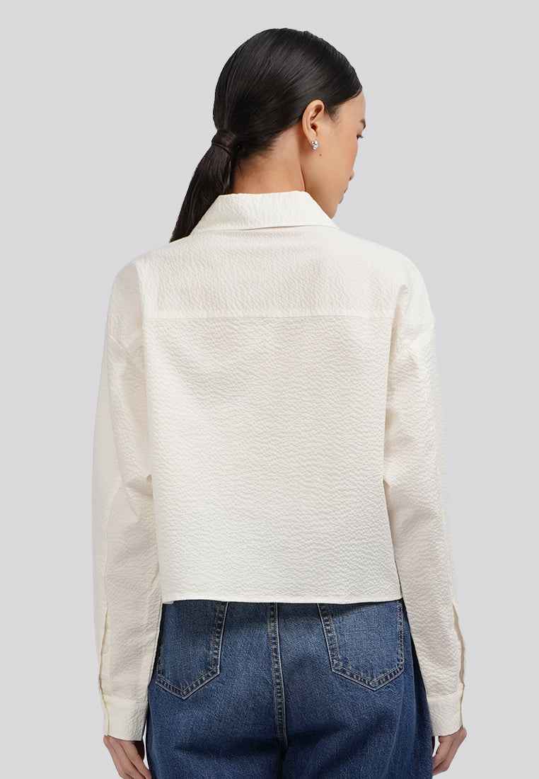 Rippled Long Sleeve Crop Blouse Off White