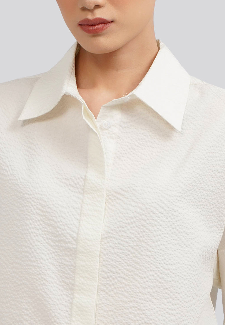 Rippled Long Sleeve Crop Blouse Off White