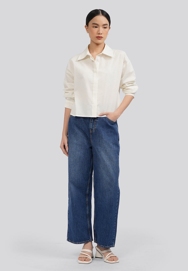 Rippled Long Sleeve Crop Blouse Off White