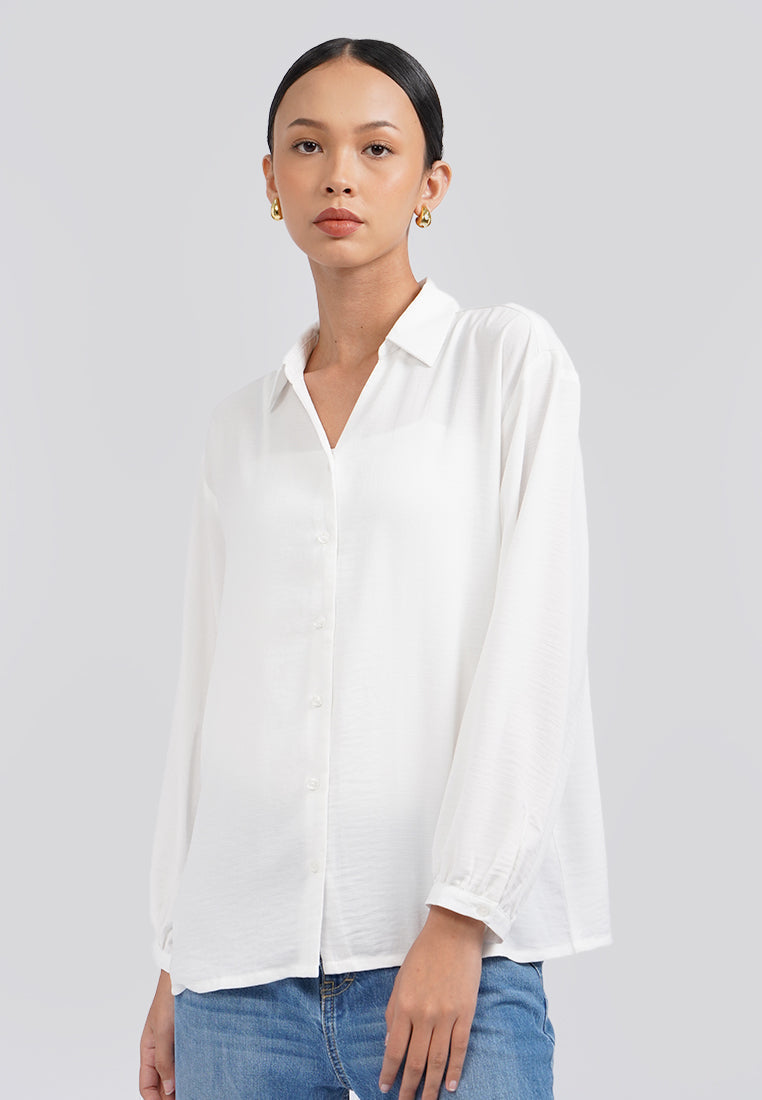 V-Neck Long Sleeve Blouse Off White