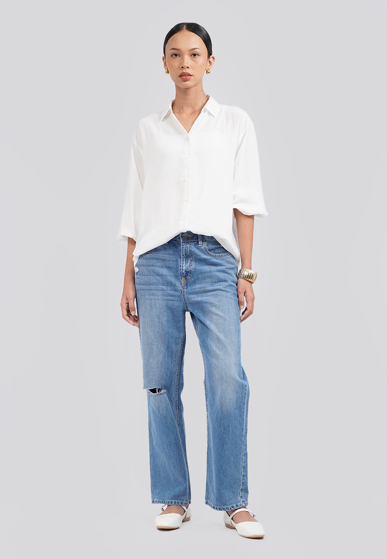 V-Neck Long Sleeve Blouse Off White