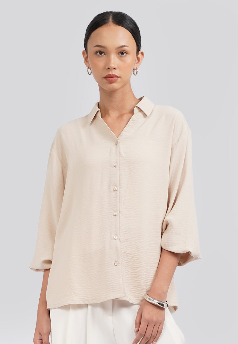 V-Neck Long Sleeve Blouse Beige