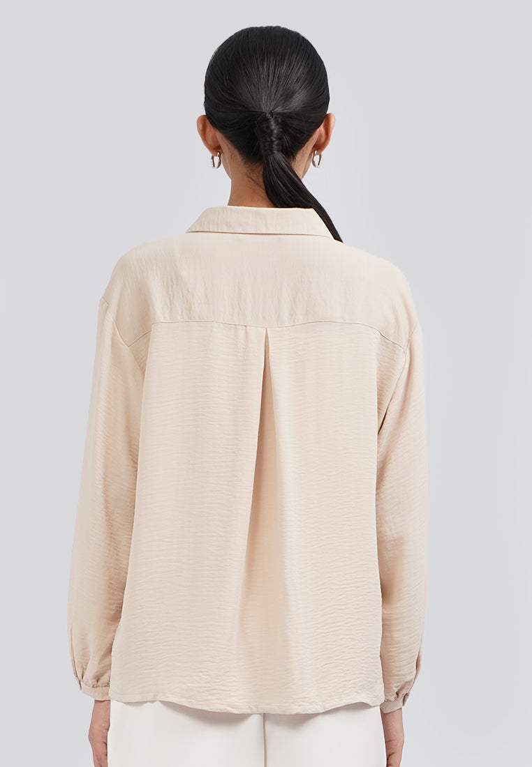 V-Neck Long Sleeve Blouse Beige