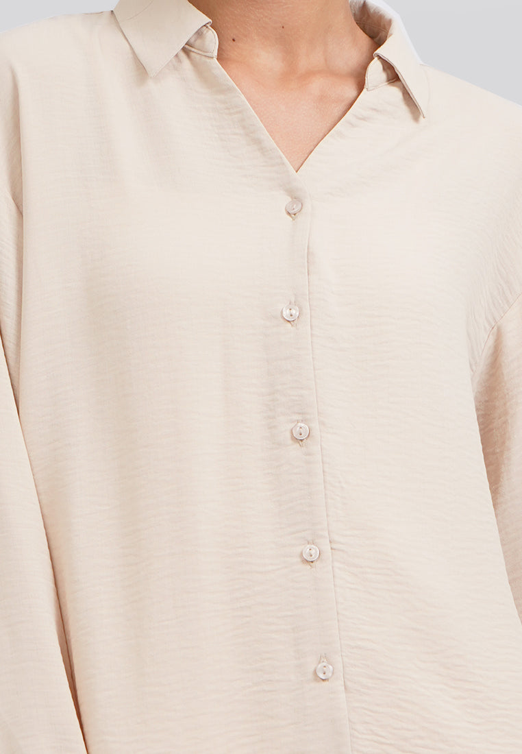 V-Neck Long Sleeve Blouse Beige