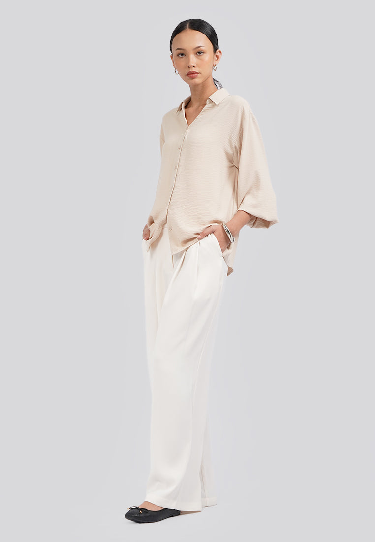 V-Neck Long Sleeve Blouse Beige