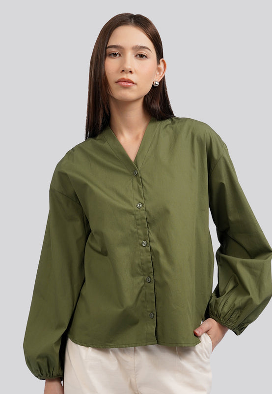 V-Neck Balloon Sleeve Blouse