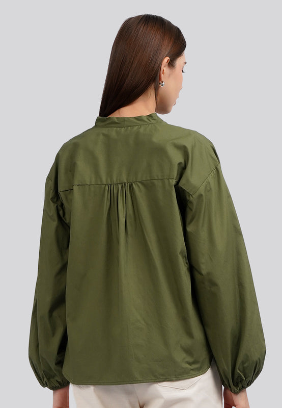 V-Neck Balloon Sleeve Blouse