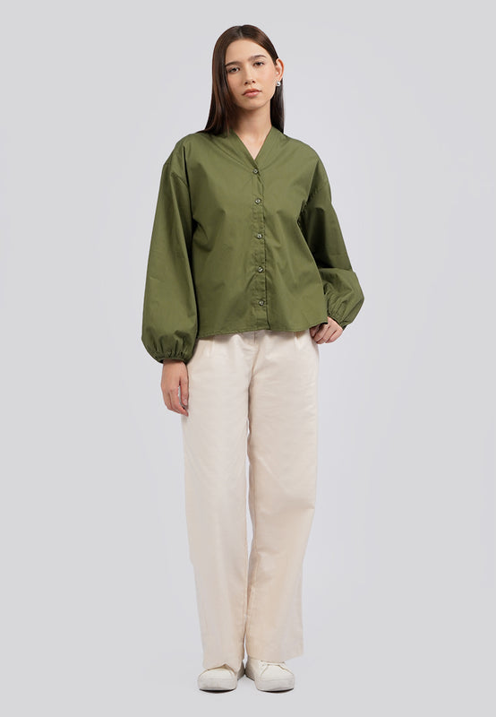 V-Neck Balloon Sleeve Blouse
