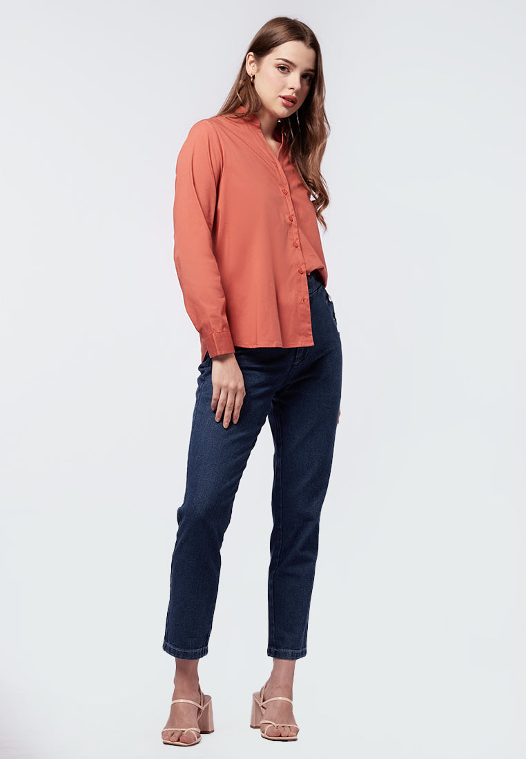 V-Neck Blouse with Mandarin Collar