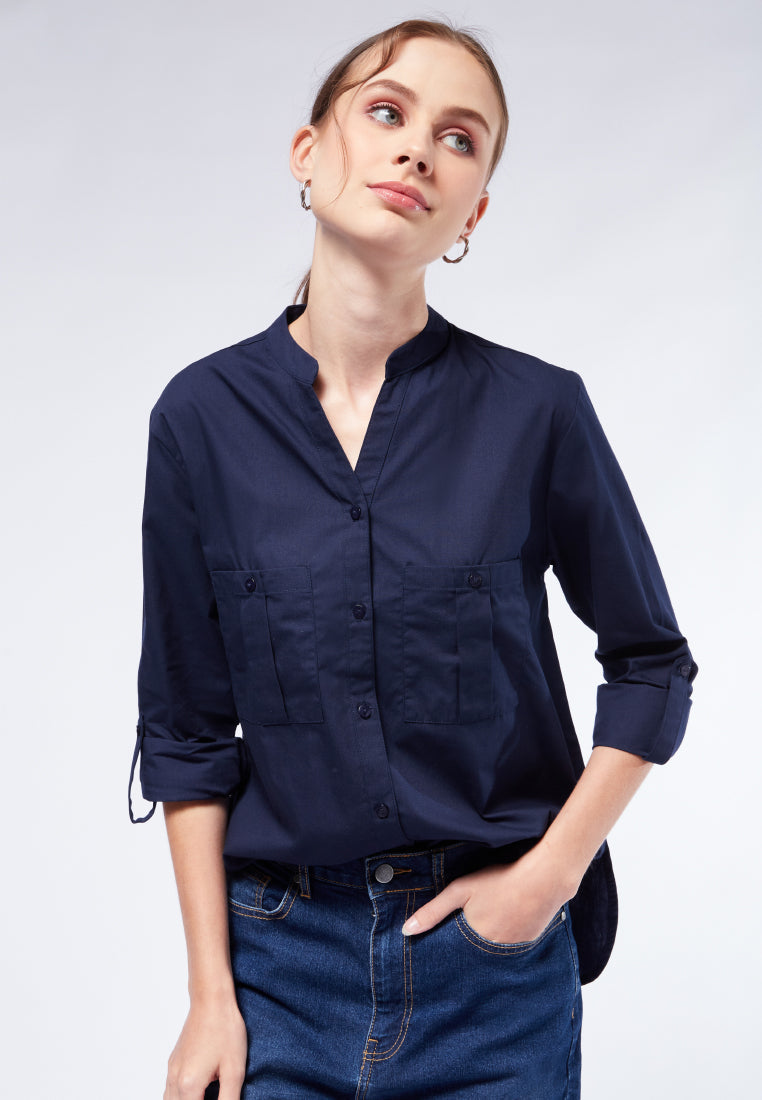 Double Pocket Long Sleeve Blouse