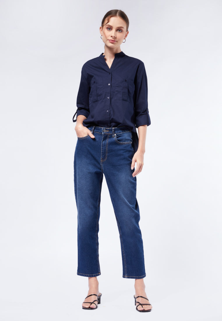 Double Pocket Long Sleeve Blouse