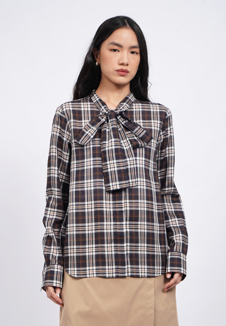 Plaid Sheer Tie Neck Long Sleeve Blouse