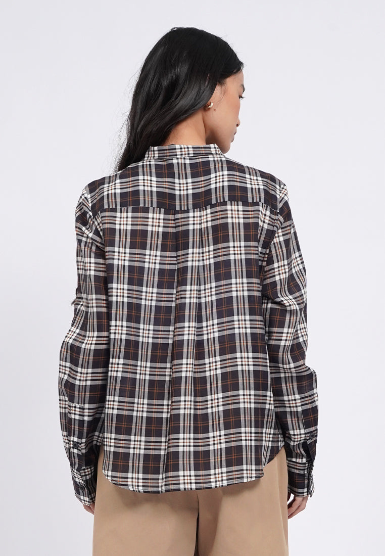 Plaid Sheer Tie Neck Long Sleeve Blouse