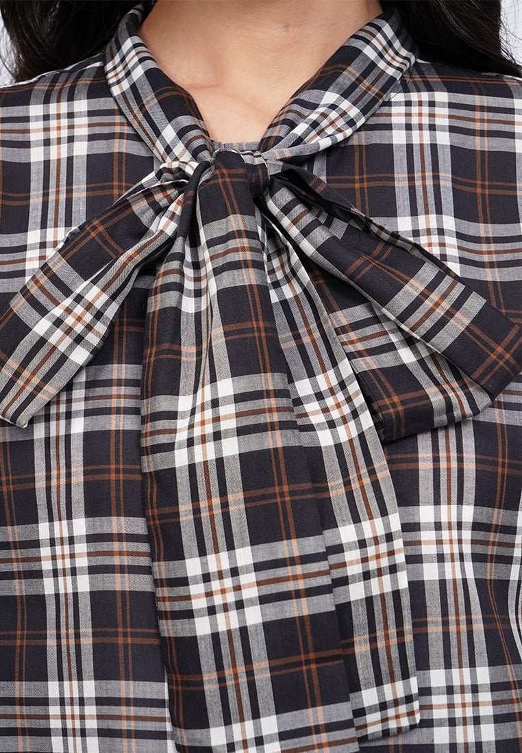 Plaid Sheer Tie Neck Long Sleeve Blouse