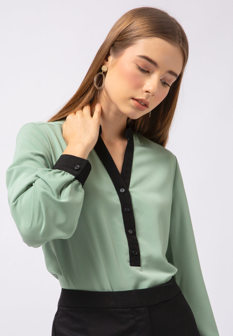Contrast Trim Long Sleeve Blouse