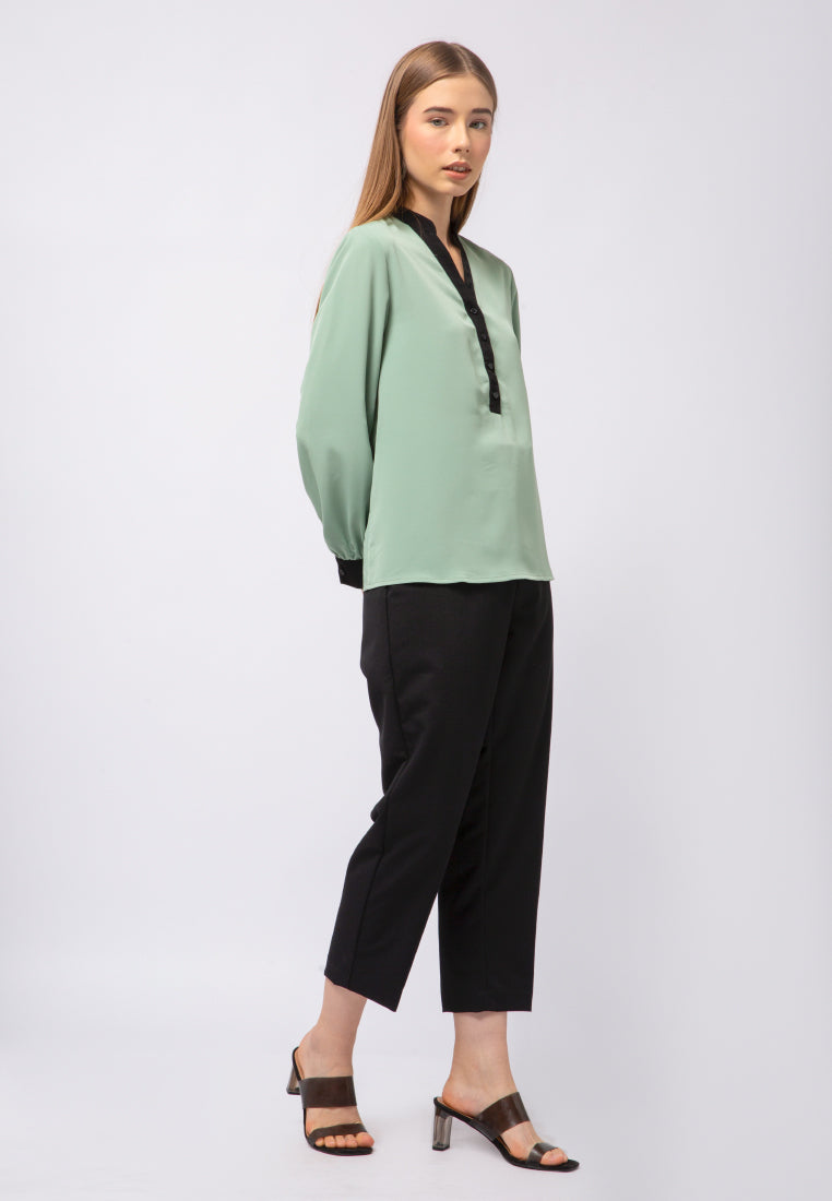 Contrast Trim Long Sleeve Blouse