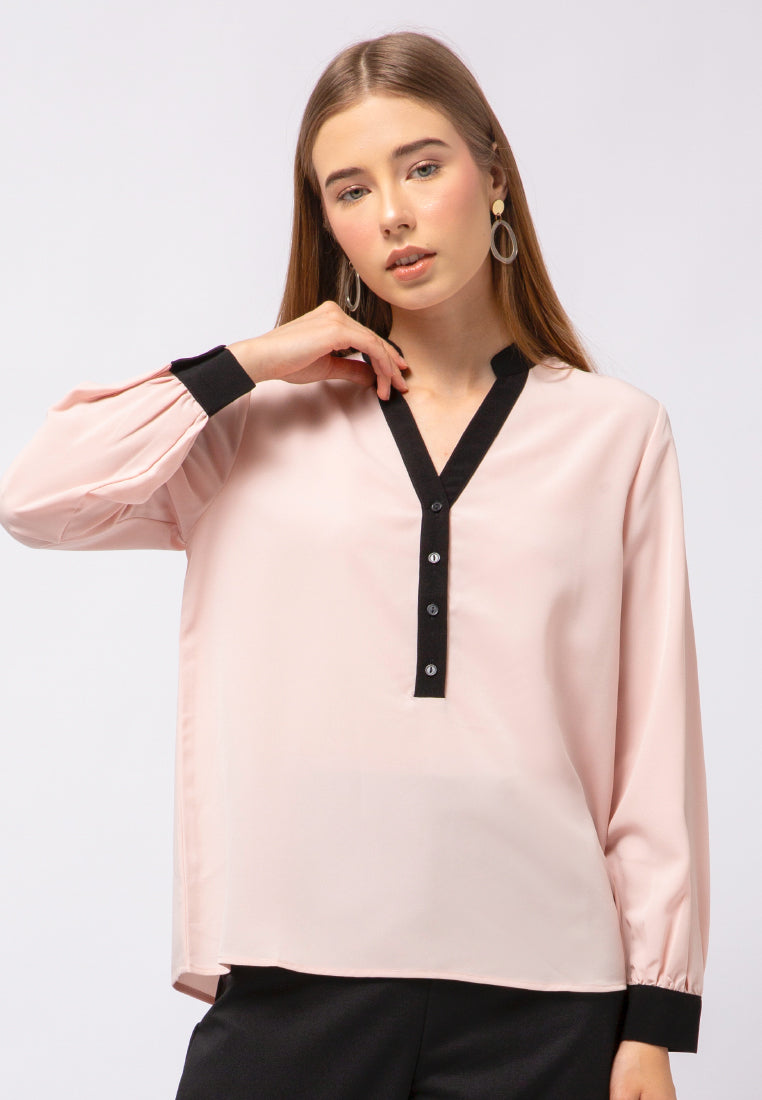 Contrast Trim Long Sleeve Blouse