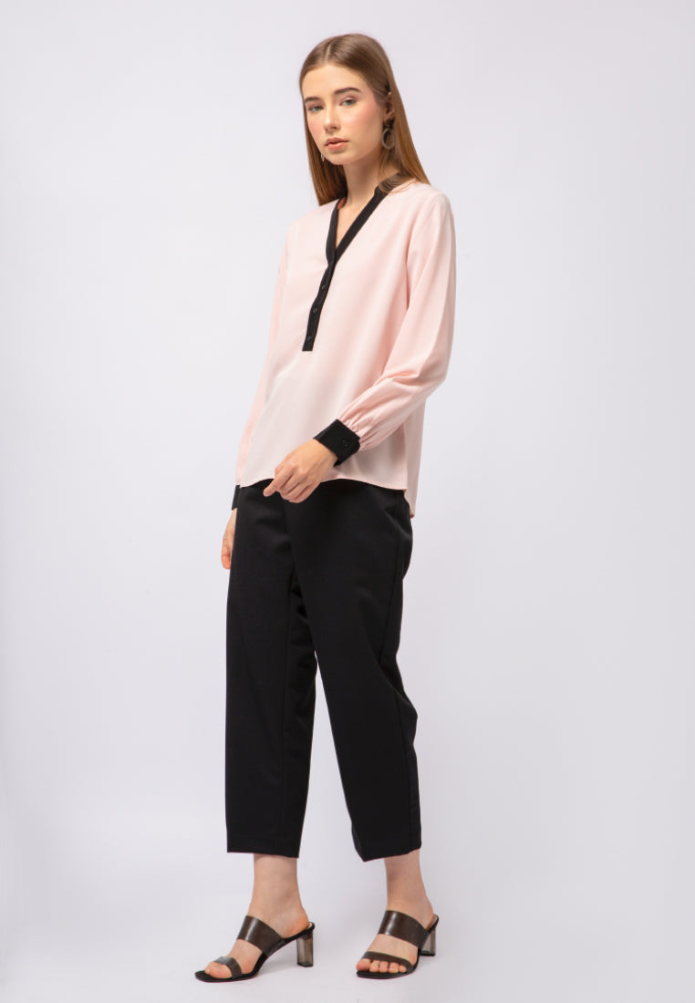Contrast Trim Long Sleeve Blouse