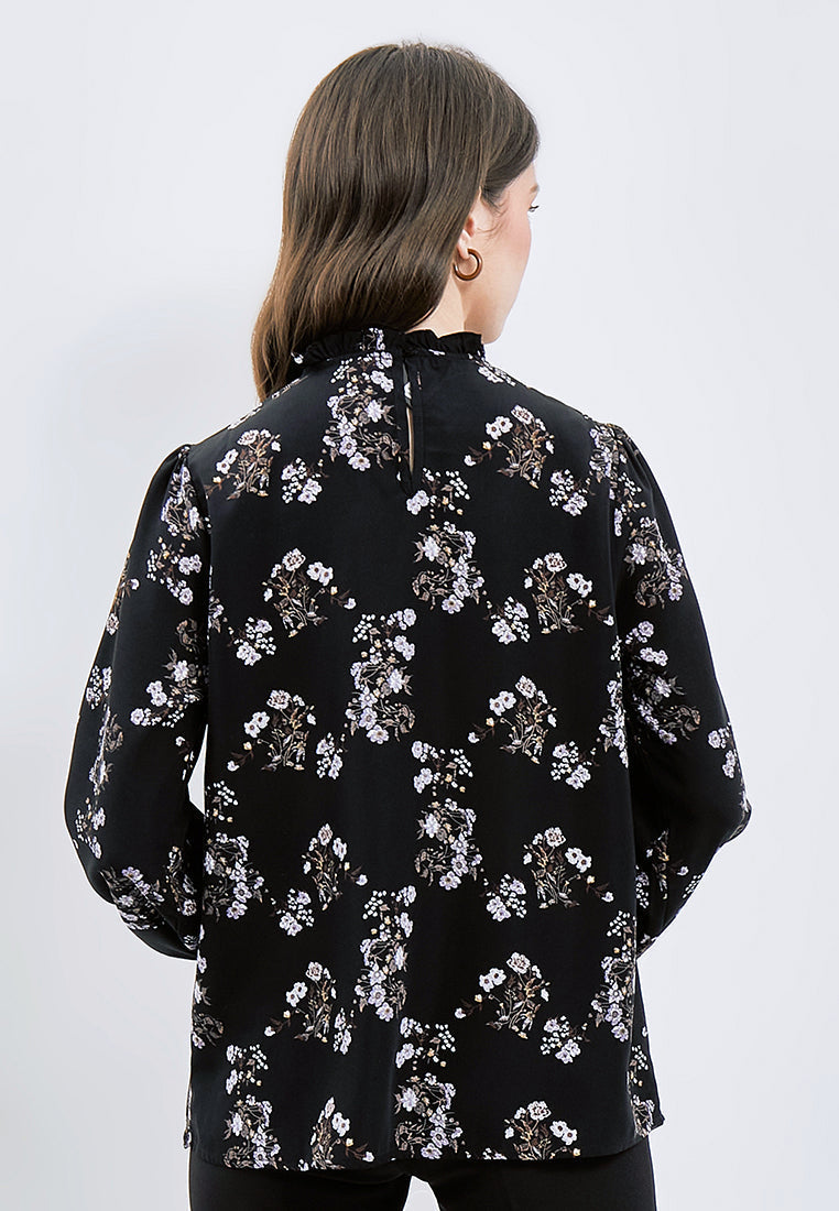 Printed Frill Mock Neck Blouse