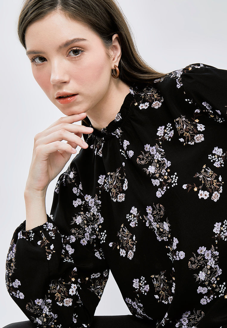 Printed Frill Mock Neck Blouse