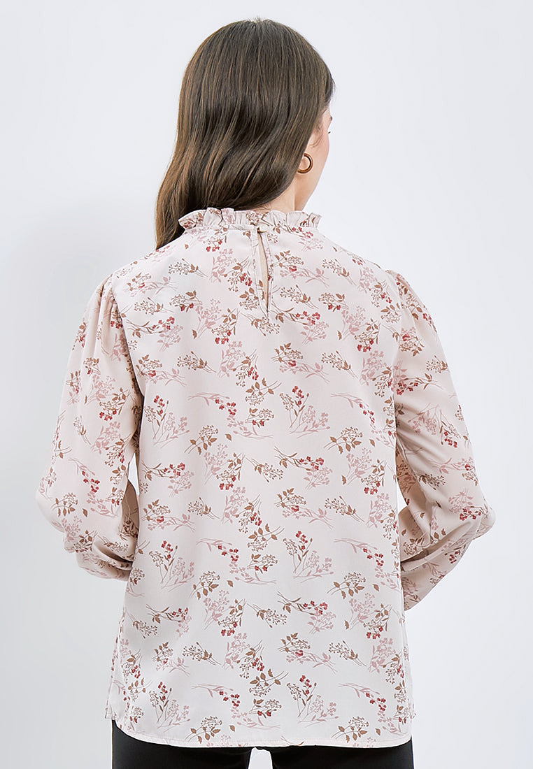 Printed Frill Mock Neck Blouse