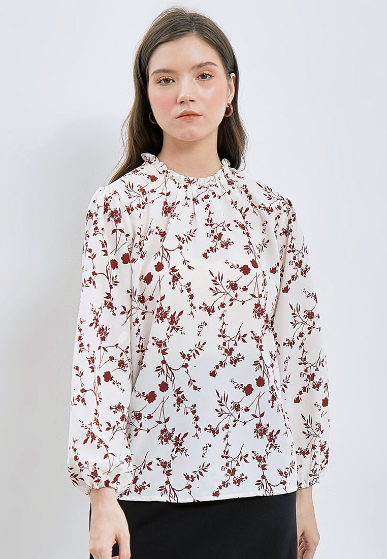 Printed Frill Mock Neck Blouse