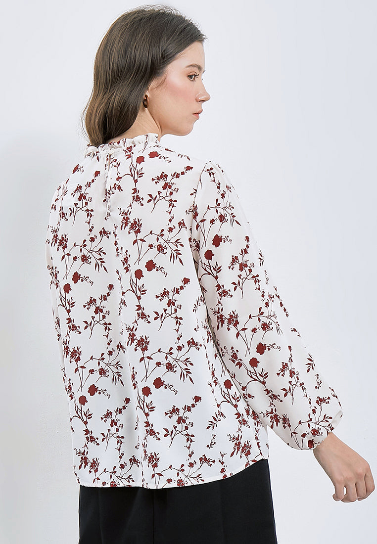 Printed Frill Mock Neck Blouse