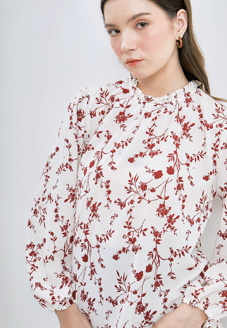 Printed Frill Mock Neck Blouse