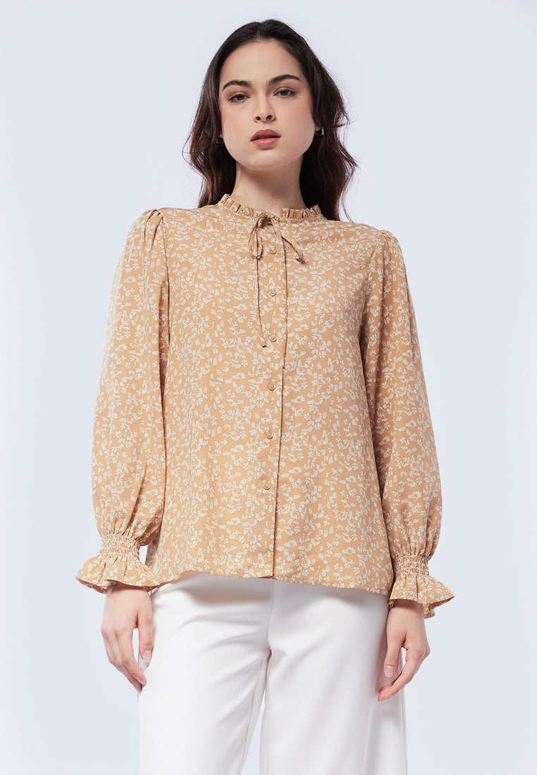 Printed Ruffle Long Sleeve Blouse