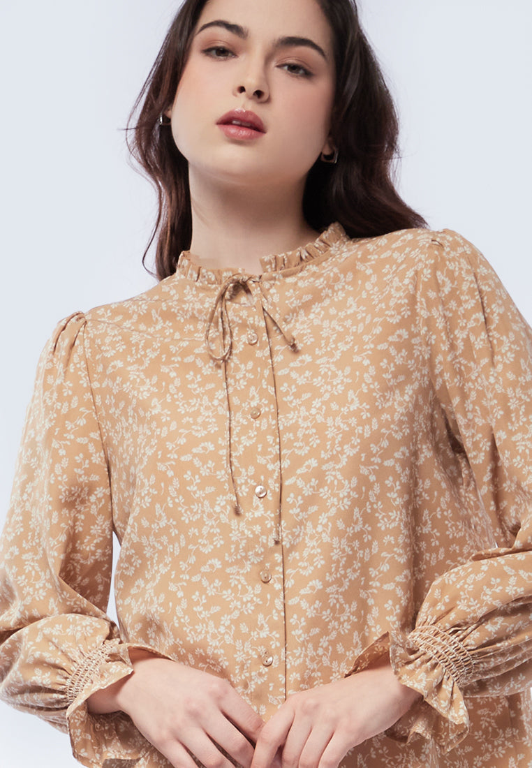 Printed Ruffle Long Sleeve Blouse
