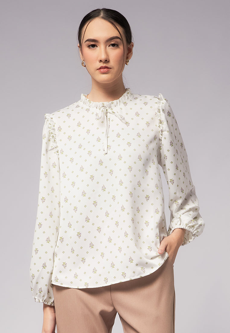 Printed Ruffle Bow Tie Blouse