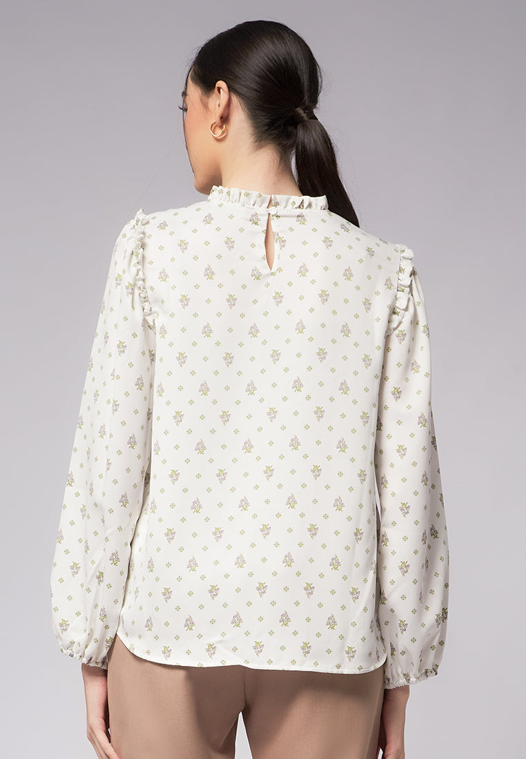 Printed Ruffle Bow Tie Blouse