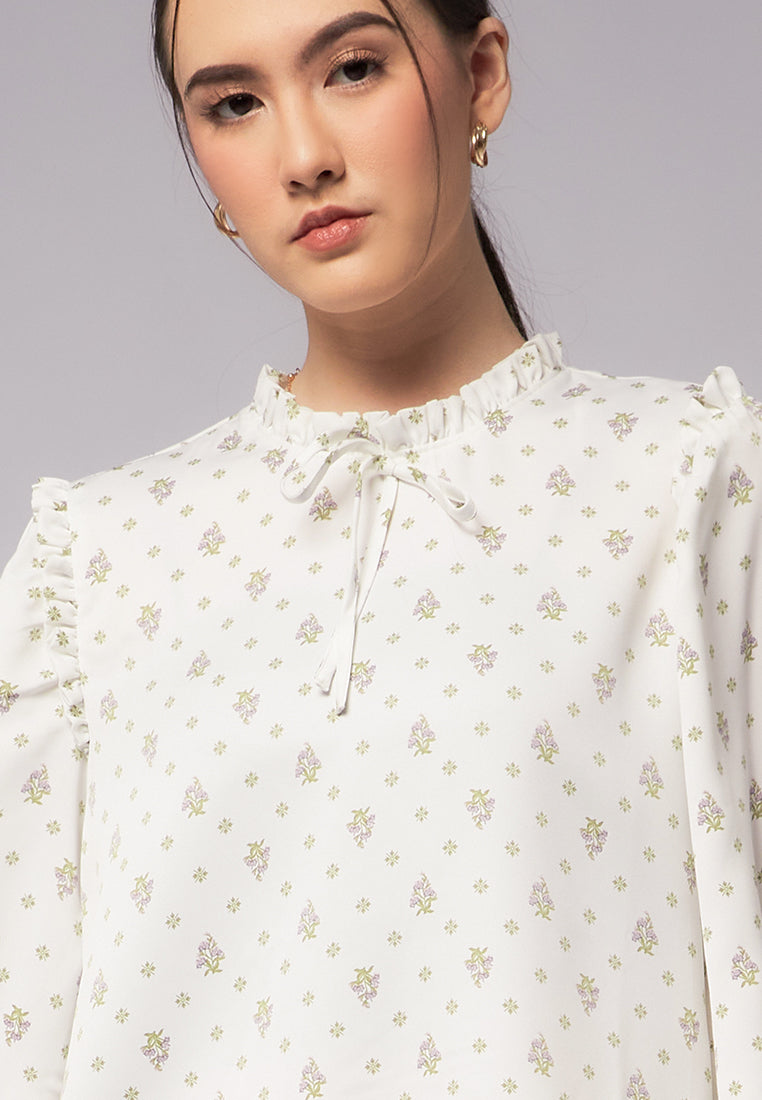 Printed Ruffle Bow Tie Blouse