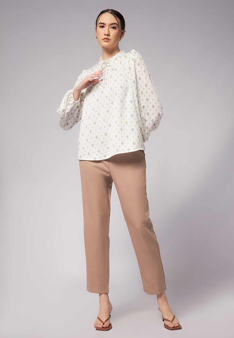 Printed Ruffle Bow Tie Blouse