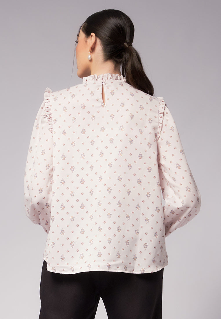 Printed Ruffle Bow Tie Blouse