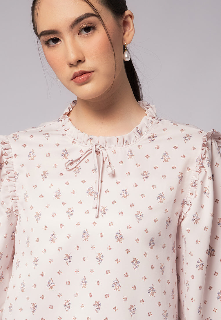 Printed Ruffle Bow Tie Blouse