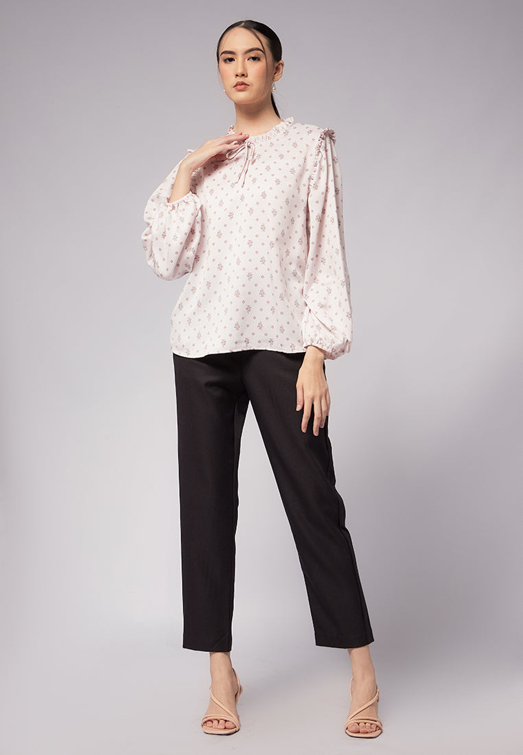 Printed Ruffle Bow Tie Blouse