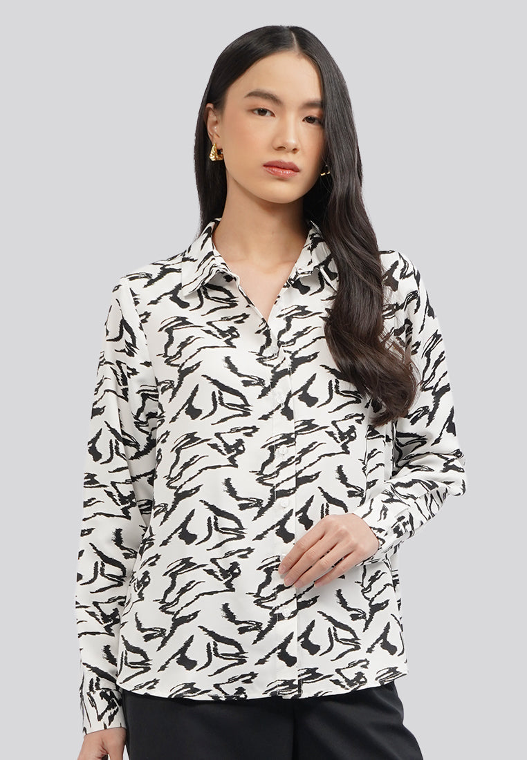 Printed Long Sleeve Blouse Off White