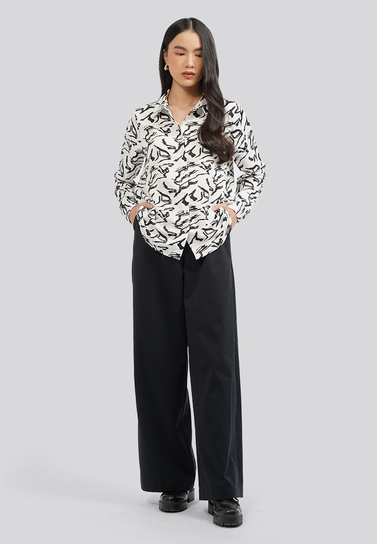 Printed Long Sleeve Blouse Off White